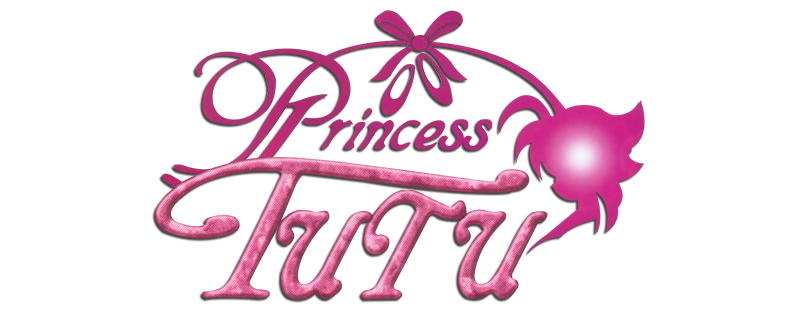 The English logo of Princess Tutu, which is pink, and includes a silhouette of Ahiru and ballet shoes attached to the letters.