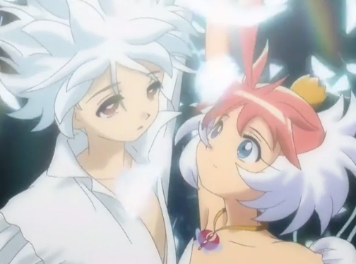 Princess Tutu and Mytho face to face, while white feathers fall around them. Mytho is wearing his school uniform shirt without its blazer. Princess Tutu smiles, while Mytho has a puzzled expression.